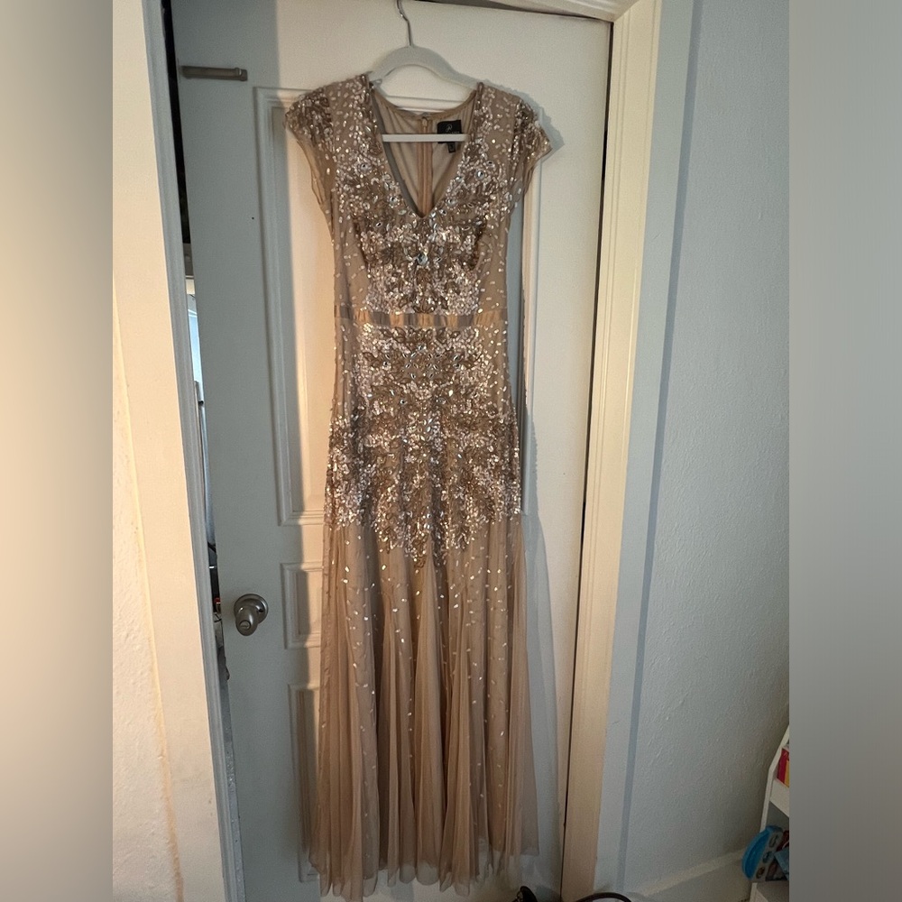 Adrianna Appel gown tan beige embellished